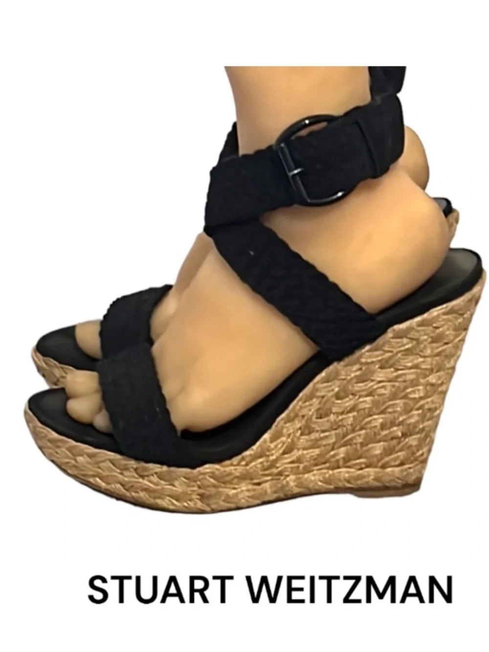 Authentic Stuart Weitzman luxury designer black wedge espadrilles sandals sz 9